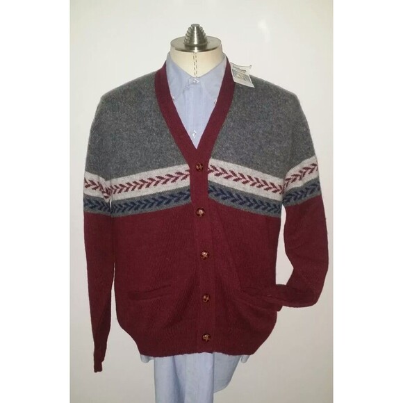 New JANTZEN Maroon Aztec Navajo Cardigan Varsity Vnec Knit Sweater Shawl Wool XL - Picture 1 of 6